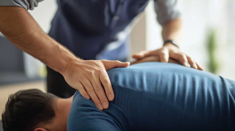 Patient discussing a treatment plan with a chiropractor in a bright examination room.